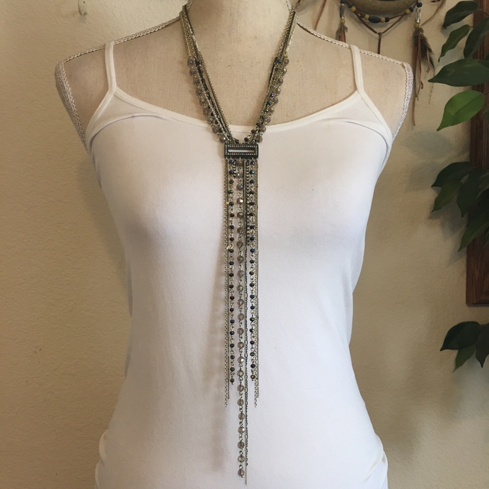 Multi tone chain tie style fringe sparkle necklace